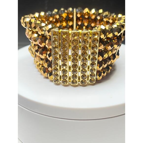 Vintage  Amber Facet Multi-Strand Beaded Stretch Bracelet- Rhinestone Bracelet - Picture 7 of 8